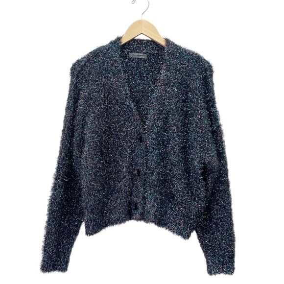 Anthropologie Olivia Metallic Tinsel Cardigan Sweater Medium Blue Pink Shimmer - Picture 6 of 14